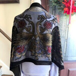 Silk Burnout Velvet Peacock Scarf Wrap Shawl sparkle Fringe 21 x 60